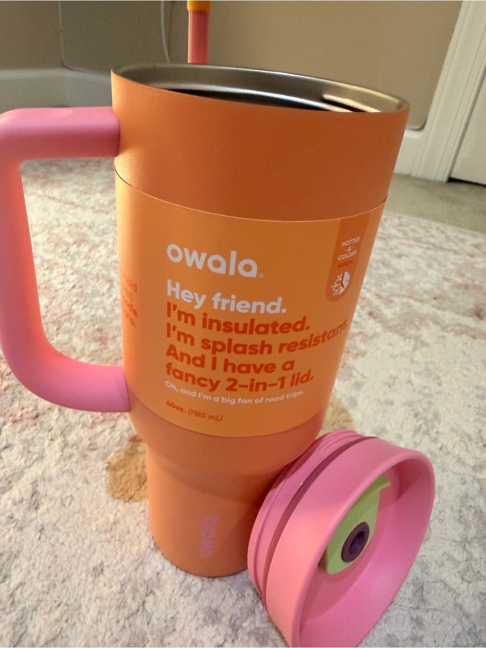 owala Orange and Pink Insulated Travel Mug with 2-in-1 Lid